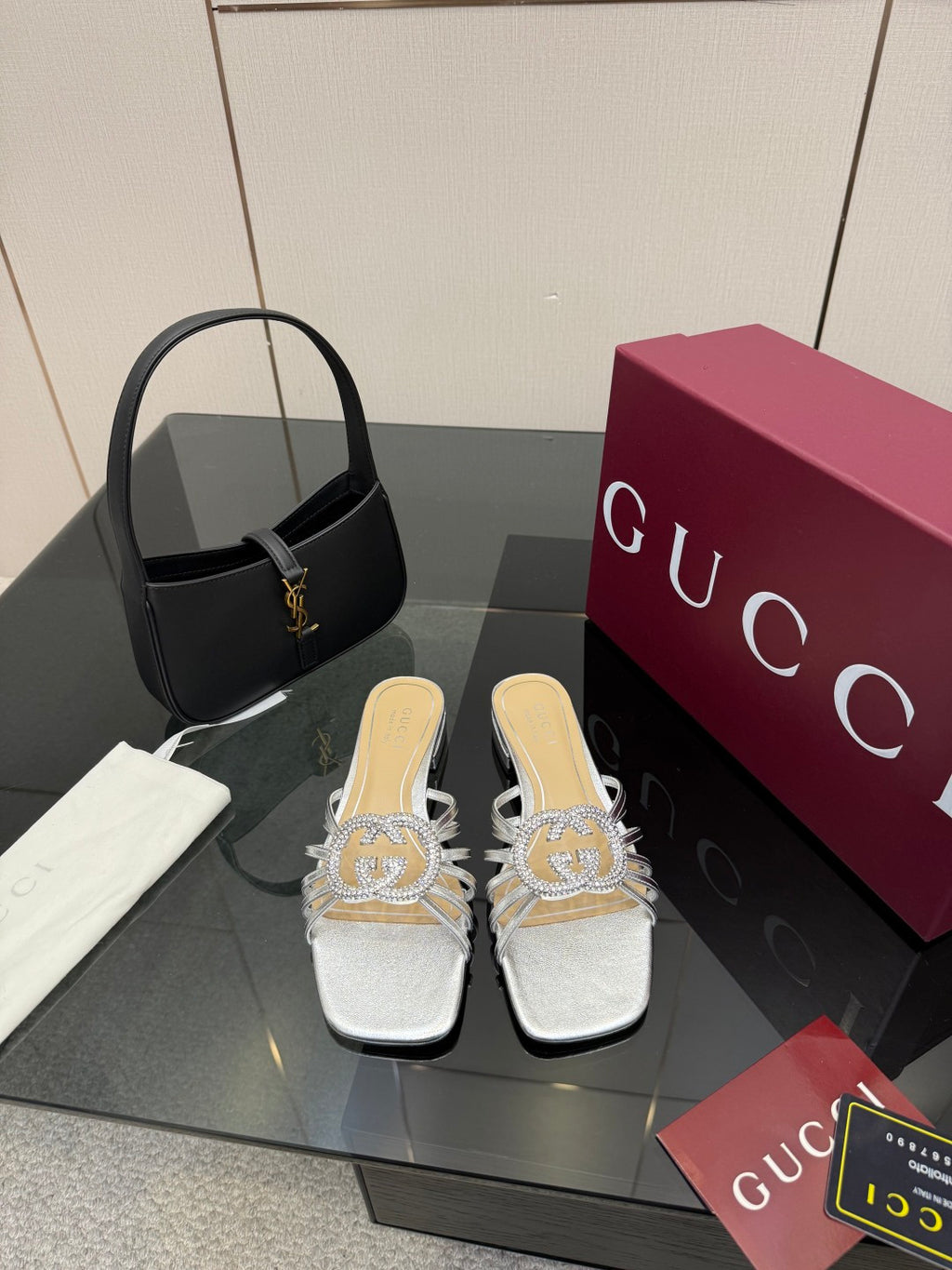 Gucci ladies jeweled slide sandals, silver with crystal bow detail and flat sole