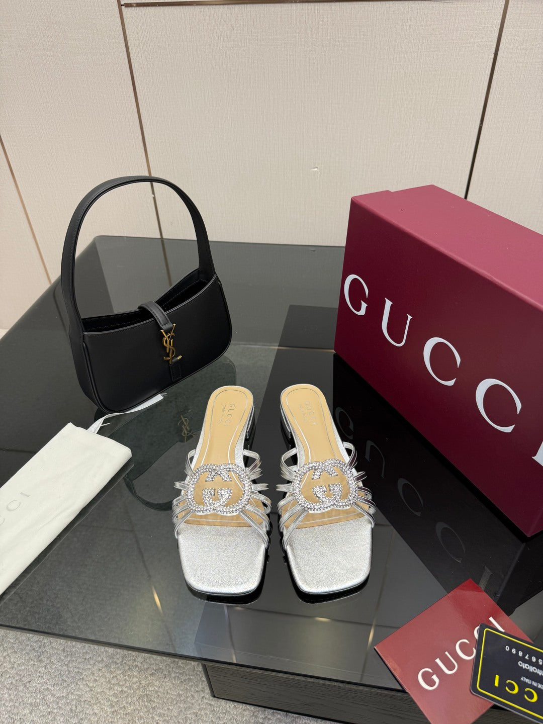 Gucci ladies jeweled slide sandals, silver with crystal bow detail and flat sole