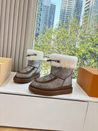 Pair of brown glitter ankle boots with white fur cuffs and moc-style straps