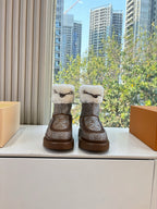 Embellished ankle boots with white shearling cuffs and brown glitter finish