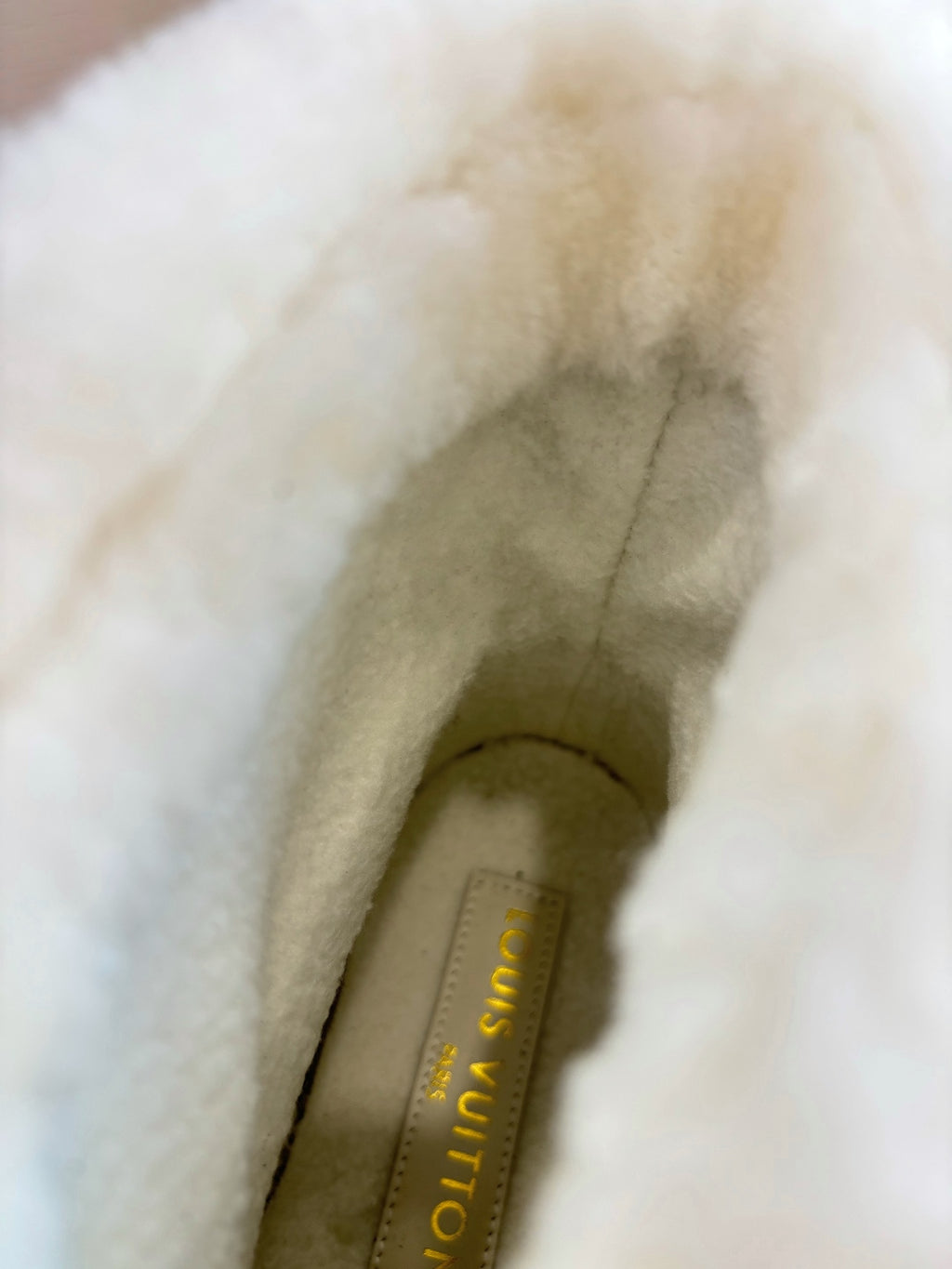 Boot interior lining with Louis Vuitton label text visible near the footbed