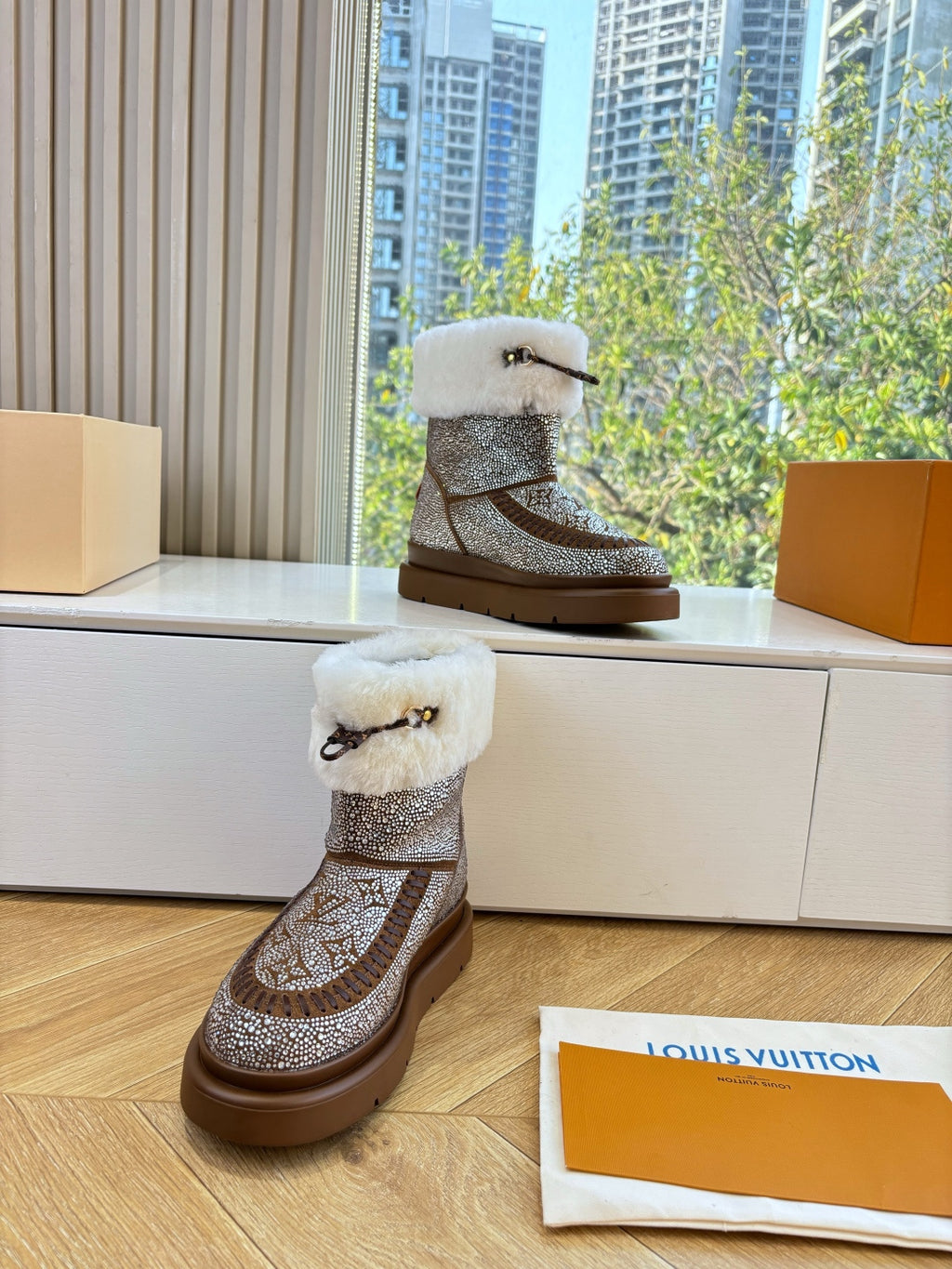 Brown glitter winter boots with white shearling lining, cuff and sturdy rubber sole