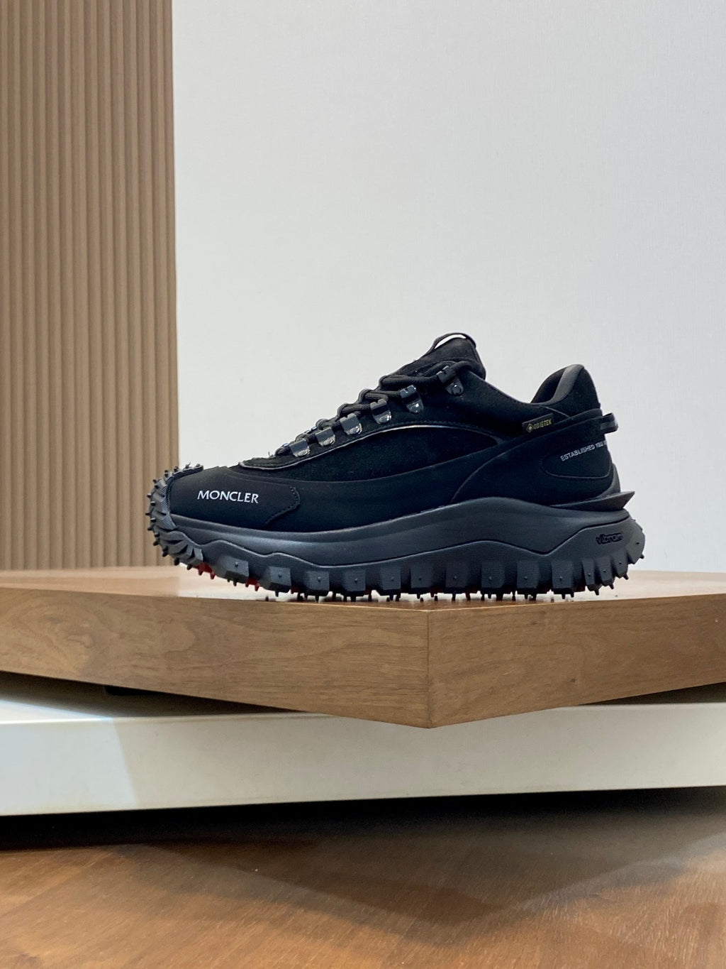 Moncler luxury lace-up shoes, dark upper with chunky outsole and side logo detail
