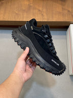 Moncler luxury lace-up shoes, dark suede-style panels with rugged tread sole and logo