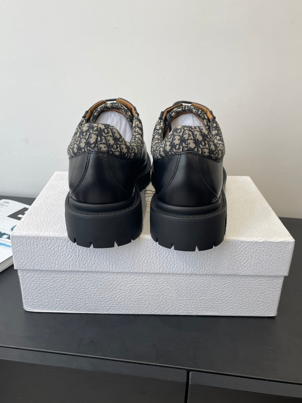 Dior unisex lace-up shoes, back view with patterned heel collar and chunky sole