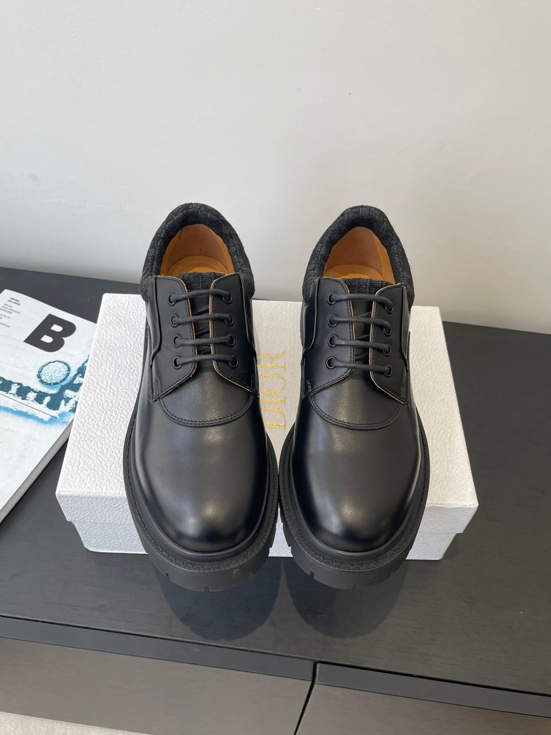 Dior unisex lace-up shoes, dark leather upper with padded collar and rubber sole