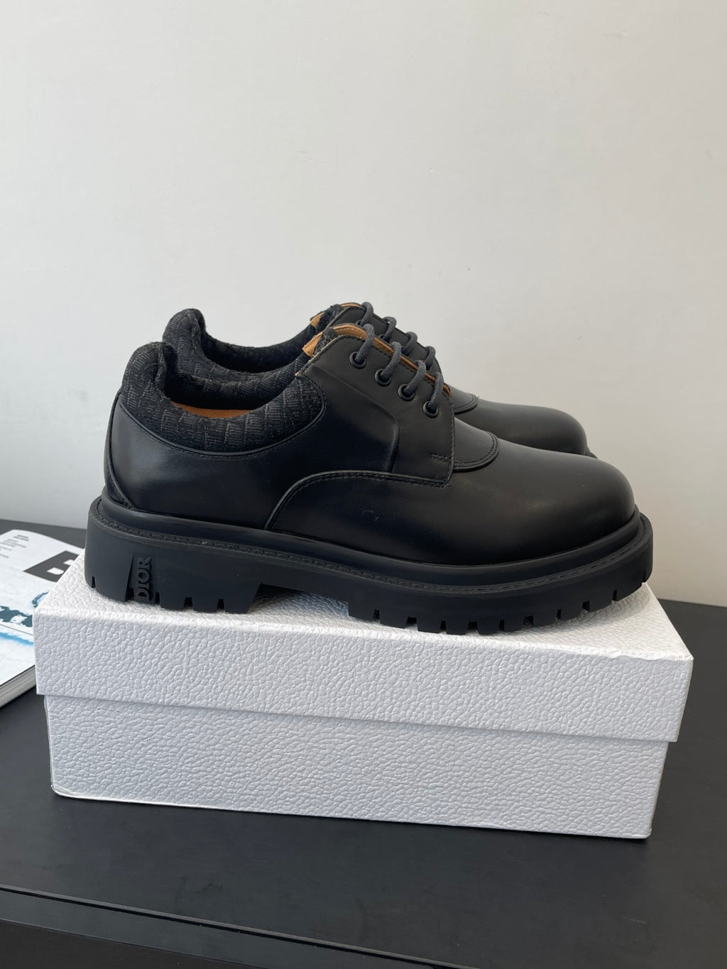 Dior unisex derby shoes, dark leather lace-up front with thick sole and tread
