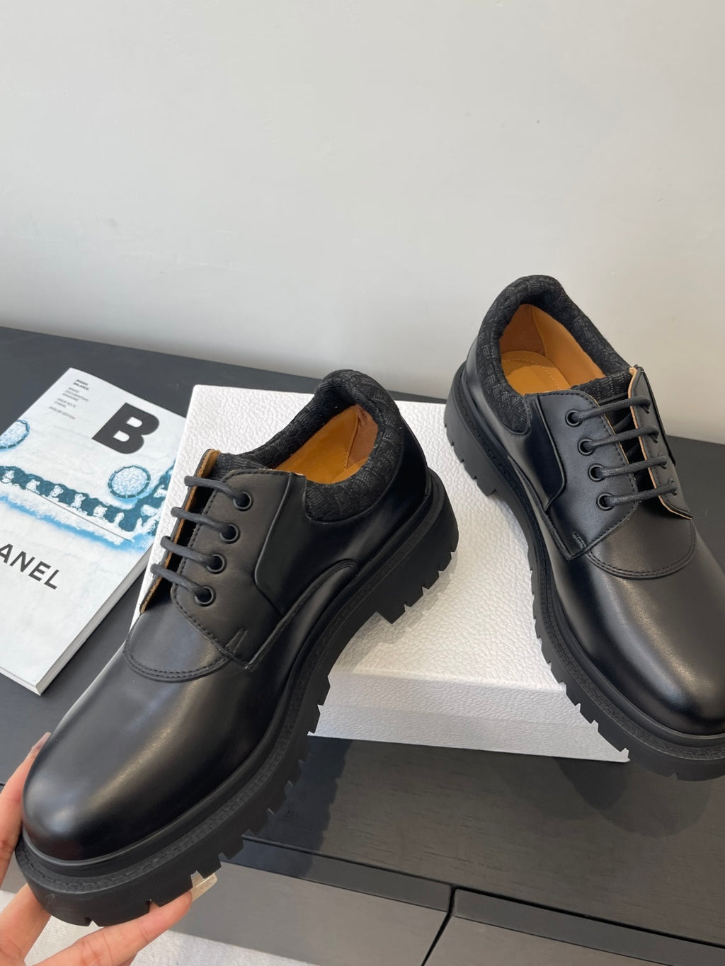 Dior unisex lace-up shoes, dark leather with lace-up panel and chunky tread sole