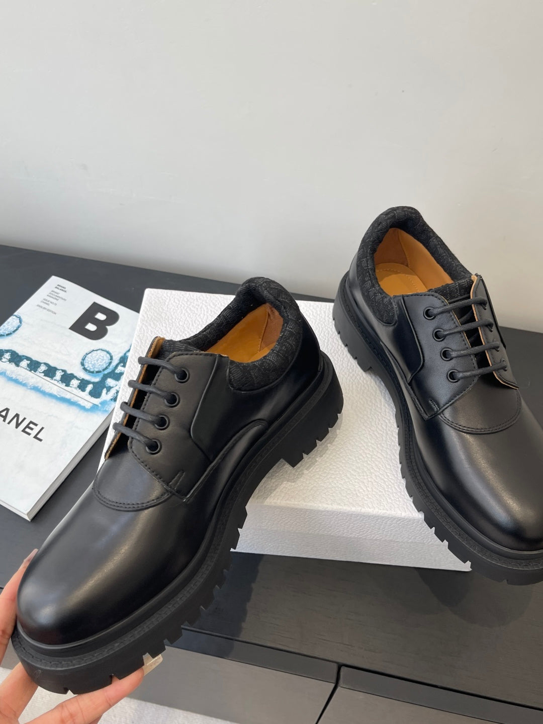 Dior unisex lace-up shoes, dark leather with lace-up panel and chunky tread sole