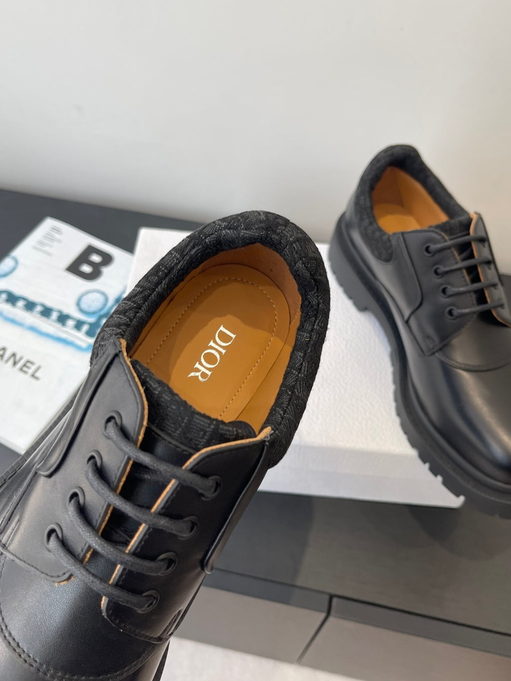 Dior unisex lace-up shoes, dark leather with Dior logo on interior lining