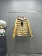 Long Moncler puffer jacket, light gold, zip-front with hood and quilted sleeves