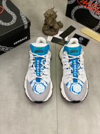 Pair of white and blue lace-up sneakers with blue logo print on toe and tongue.