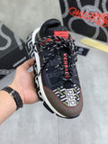 Versace lace-up sneaker in black with multicolor logo panel and red accents