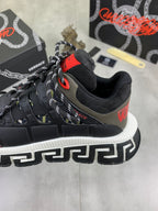 Versace lace-up sneaker in black with red logo heel patch and white logo midsole
