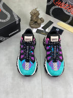 Versace sneakers, matching pair in turquoise and purple with black straps and neon pink trims