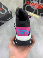 Versace sneakers back view, black upper with neon pink and blue graphic accents