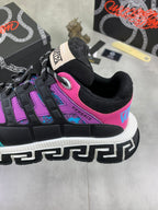 Versace sneakers heel detail, black mesh and leather with neon pink stripe and teal accents
