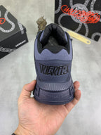Versace blue lace-up sneakers, back view with black heel collar and lettering