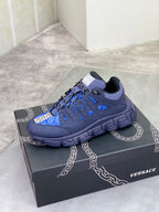 Versace blue lace-up sneakers with black Greca trim and patterned blue upper