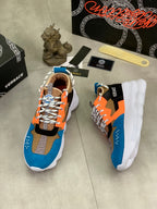 Versace sneakers with blue, orange, black upper and white outsole, side view