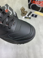 Versace dark gray sneaker toe and side, lace-up with stitched panel details