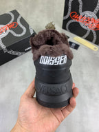 Versace dark gray sneakers with faux-fur collar, rear view with branding