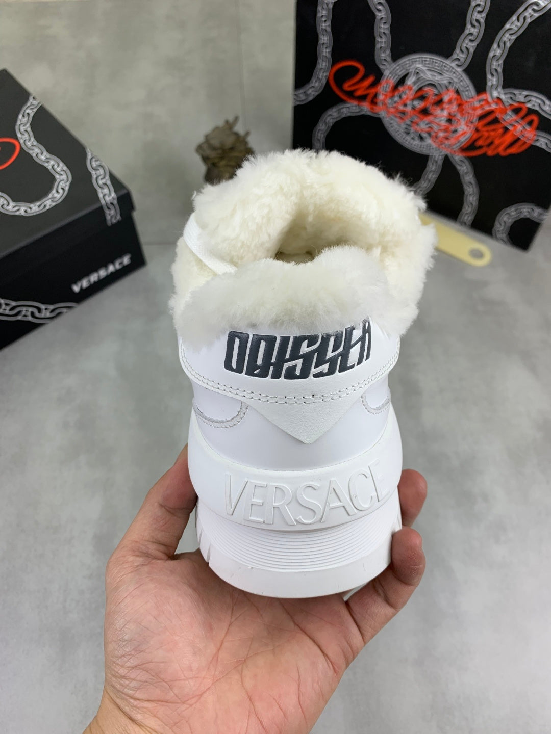Versace white high-top sneaker with fuzzy collar and back logo detail
