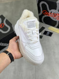 Versace white leather sneaker with fuzzy collar and lace-up front