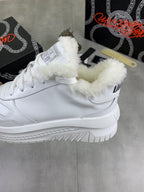 Versace white high-top sneaker with fuzzy inner lining and lace-up closure
