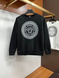 Black crewneck sweatshirt with large circular Versace logo graphic