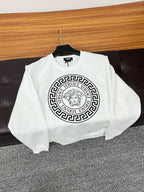 White Versace sweatshirt front view with circular Medusa logo on chest