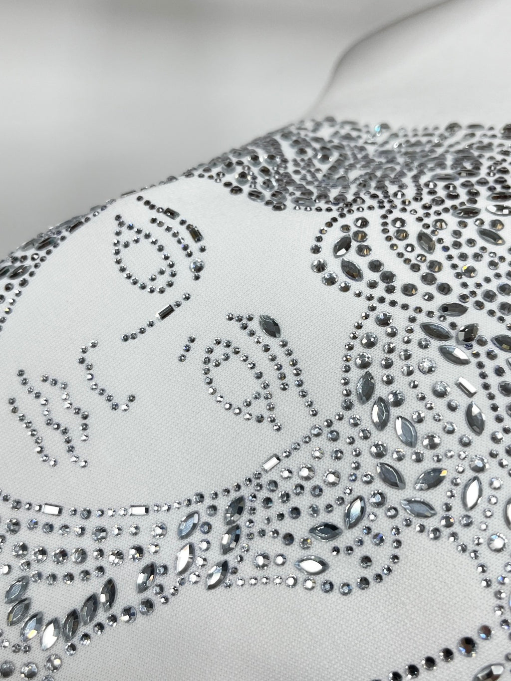 Versace white sweatshirt rhinestone Medusa face pattern in detail