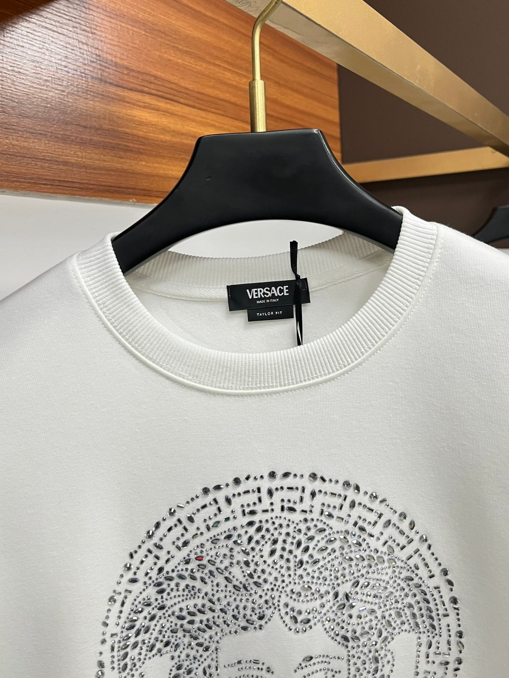 Versace white crewneck sweatshirt neckline with rhinestone Medusa face