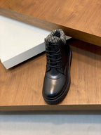 Dark leather lace-up high-top boots with patterned fabric collar and cushioned sole