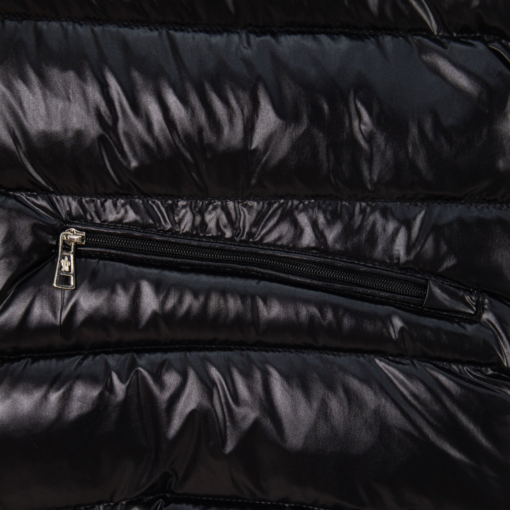 Moncler black puffer vest horizontal zip pocket detail