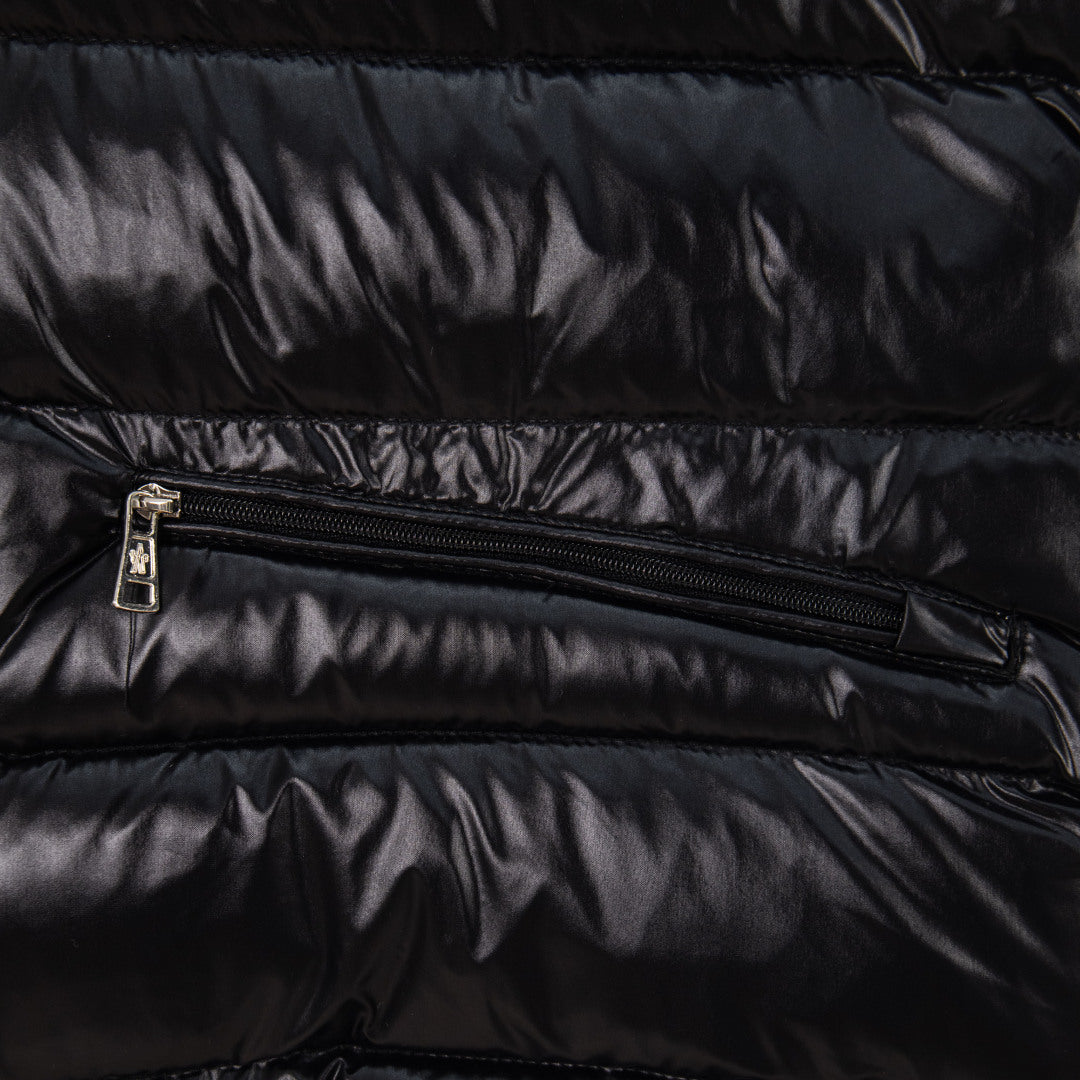 Moncler black puffer vest horizontal zip pocket detail