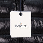 Moncler logo hang tag on black puffer vest