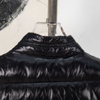 Black long puffer jacket, high neck with stitched collar and horizontal quilting