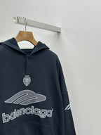 Balenciaga navy pullover hoodie close-up of chest graphic and hood