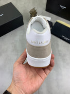 Back view low-top sneakers, white heel and toe with beige suede back and white sole