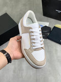 Unisex low-top sneakers, white mesh with beige suede panels, white lace-up
