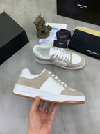Unisex sneakers, white uppers with beige side panels, gum-toned sole, white lace-up