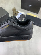 Unisex dark navy lace-up sneaker upper with stitched overlays and logo at side