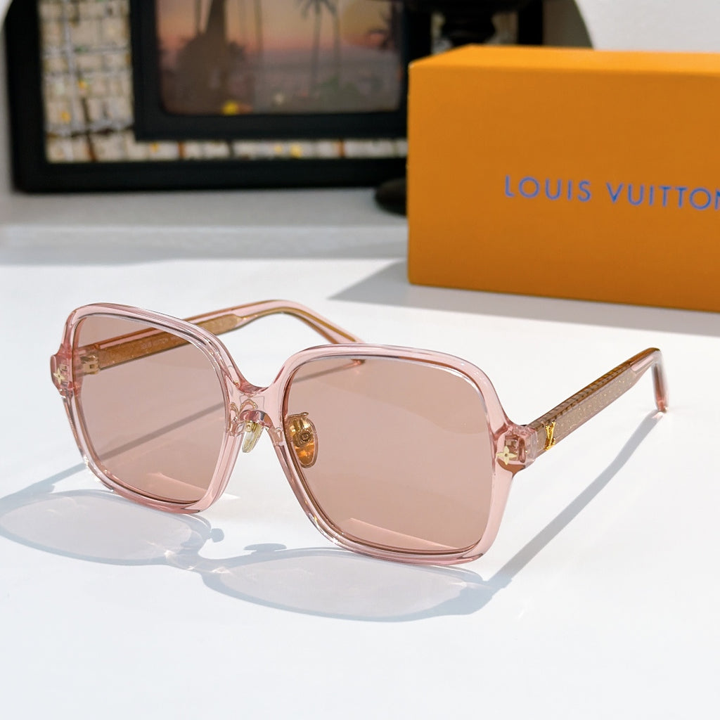 Louis Vuitton sunglasses, translucent pink frame with blush gradient lenses and gold tips