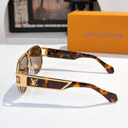 Louis Vuitton sunglasses side view with tortoiseshell temple and gold hardware