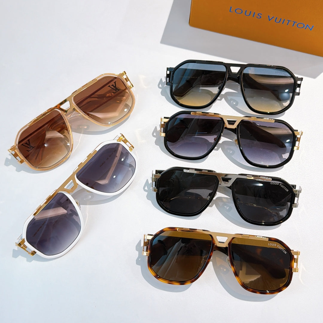 Louis Vuitton sunglasses laid out: black, tan, and tortoiseshell frames