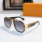 Louis Vuitton sunglasses with gold frame, dark lenses, and LV logo accents