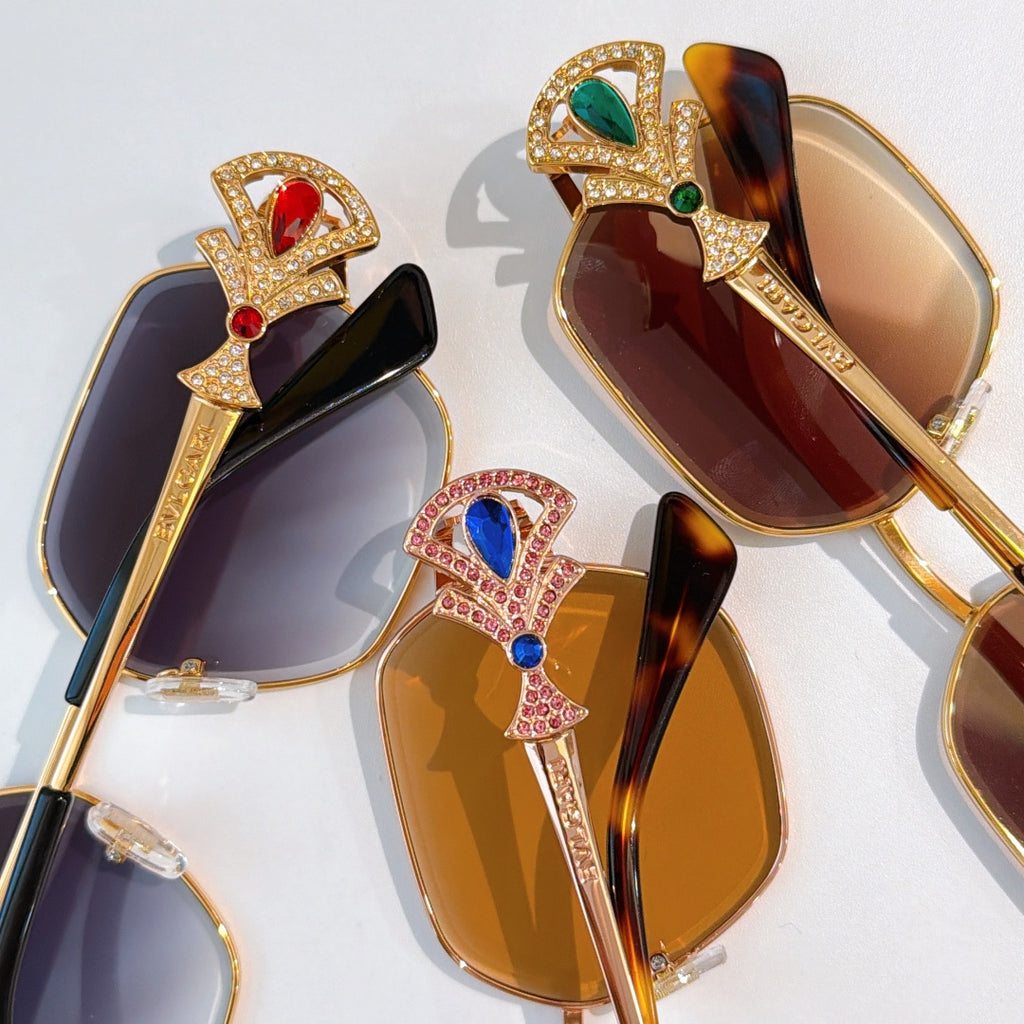 Bvlgari sunglasses assortment with gold frames and ornate jewel temple details