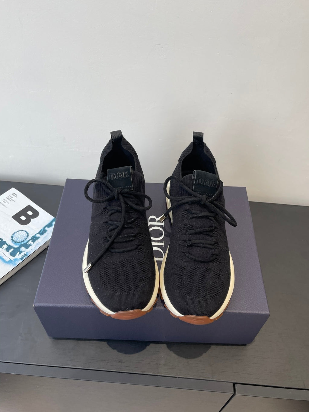 Black knit lace-up sneakers with Dior logo patch and gum rubber sole