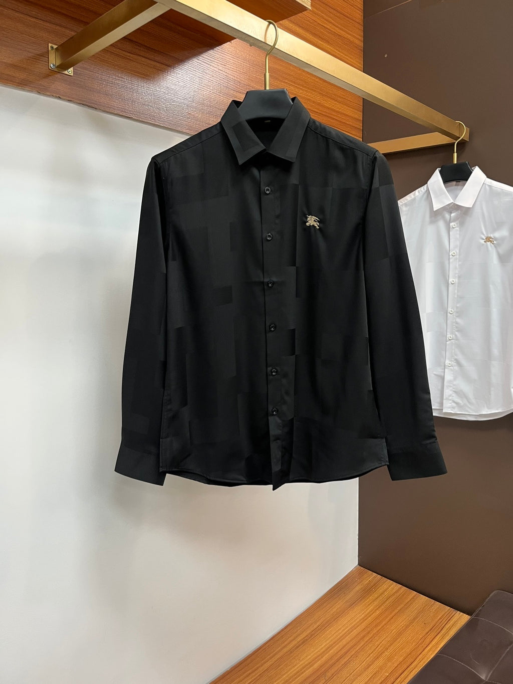 Burberry long-sleeve button-up shirt, dark black with embroidered logo and front buttons
